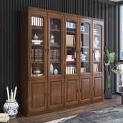 实木橡木书柜带玻璃门，三门简约中式书架，储物现代书橱办公室文件柜
