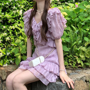 款香芋紫色连衣裙短裙法式木耳边裙子女夏设计感小众2022