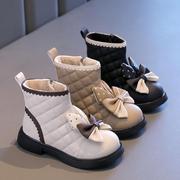女童短靴2023冬季时尚，蝴蝶结加绒马丁靴女孩洋气公主保暖皮靴