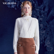 vjcolivia2023秋冬米白假两件羊毛长袖蕾丝，绣花短款上衣女装