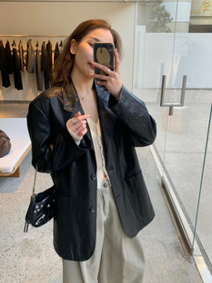 BLUEPOPS韩代黑色皮衣西装外套女春季2024时髦辣酷中长款上衣