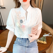 蕾丝衫女士时尚复古刺绣，上衣2023夏季韩版休闲衬衫设计感小众