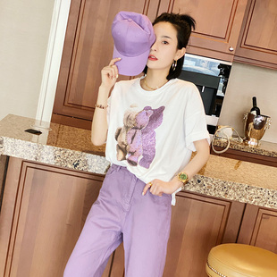 紫色七分裤时尚纯色流行减龄小直筒休闲裤子女夏季2023欧洲站