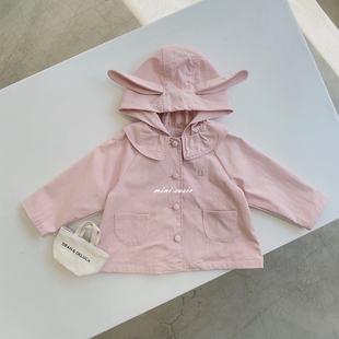 90-120韩系高端童装粉色兔耳连帽单排扣风衣外套