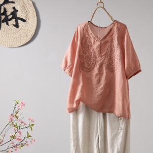 夏季复古V领绣花苎麻短袖T恤女装文艺范休闲宽松纯色套头上衣