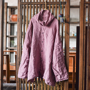 4215品质稀疏亚麻砂洗堆堆，领大码中长款衬衫，宽松长袖百搭麻衫