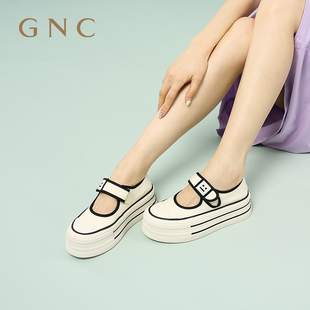 gnc高品质帆布鞋2023厚底增高可爱脸魔术贴学院风玛丽珍鞋