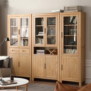 简约北欧全纯实木带玻璃门，书柜酒柜组合连体，原橡木书橱窄书架置物