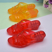 夏季女塑料凉拖鞋高跟坡跟休闲女一字拖纯色水晶透明塑料镂空女鞋