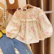 童装荷叶边女童衬衫2024春季花朵，韩版印花甜美儿童长袖娃娃衫