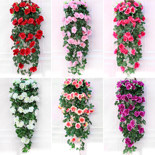 仿真玫瑰花壁挂垂吊兰假塑料花，藤条绿植叶子室内客厅空调管道装饰