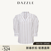 DAZZLE地素奥莱 春夏法式气质条纹V领棉麻短袖衬衫衬衣上衣女