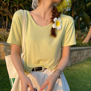 莫代尔短袖t恤女夏季薄款2024年纯色大领口，体恤宽松冰丝上衣