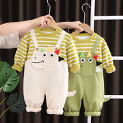 婴儿童春秋套装韩版可爱恐龙，长袖t恤+背带裤，童装1一5岁男宝宝衣服