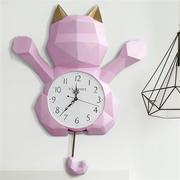 北欧几何立体招财猫摇摆挂钟客厅卧室静音时钟创意艺术挂表石英钟