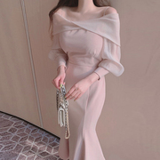 韩国chic早春优雅气质，扭结一字领吊带，露肩泡泡袖长款鱼尾连衣裙女