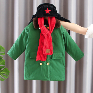 男童军棉大衣加棉加厚中长款儿童外套，东北军绿棉衣加绒冬季宝宝袄