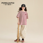 女童短袖t恤2024韩版洋气条纹上衣儿童，夏季时髦体恤12岁女孩