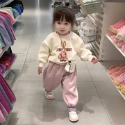 女童秋冬季加绒套装2023韩版女宝宝休闲卡通卫衣粉色休闲长裤