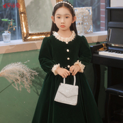 女童晚礼服绿色公主裙，儿童高端钢琴演奏主持人，花童演出服长袖冬季