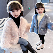 女童冬装仿皮草外套，2023冬季儿童装小女孩，洋气韩版加厚夹棉毛毛衣