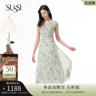 SUSSI/古色23夏绿色雪纺碎花V领收腰显瘦连衣裙女