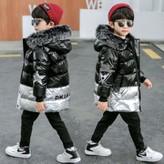 男童毛领棉衣中大童拼色韩版保暖棉服外套儿童，中长款加厚棉袄连帽