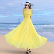 2023夏季黄色雪纺连衣裙长款修身显瘦大摆裙子，沙滩长裙飘逸女