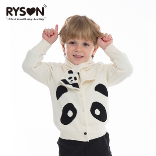 RYSON潮童装春秋男女童米白色熊猫提花时尚个性毛线衣针织开衫