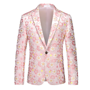 秋季大码西服单西青年修身时尚一粒扣正装男士粉色花卉帅气外套潮