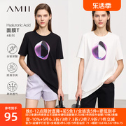 Amii2024夏玻尿酸面膜T宽松中长套头圆领撞色印花T恤女