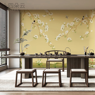 中式古典玉兰花鸟定制壁画，卧室无纺布壁纸墙布，客厅电视背景墙纸画