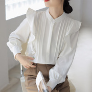 时尚韩版白色雪纺长袖衬衫，女2023秋款气质，衬衣荷叶边上衣