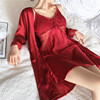 性感丝绸睡袍女春秋季蕾丝红色，新娘长袖冰丝，晨袍吊带裙睡裙两件套