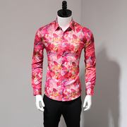 长袖衬衫男秋季潮牌时尚个性，粉红色花卉休闲印花免烫抗皱修身衬衣