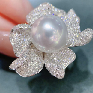 超大天然淡水珍珠媲美澳白冷白正圆，白色大珠满钻花朵戒指14-15mm