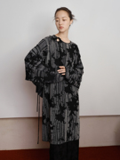 双色交织设计师手绘抽象竹叶新中式系带裙子 宽松连衣裙显瘦遮肉