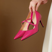 真皮玫红色优雅气质t型带淑女高级单鞋子(单鞋子)2024春季浅口高跟鞋女士