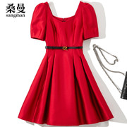 高端红色圆领泡泡短袖连衣裙方领修身收腰显瘦气质礼服裙a字短裙