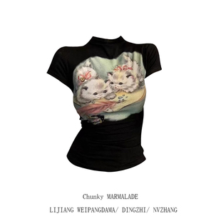 大码胖mm美式猫咪印花正肩短袖t恤女夏季短款修身显瘦上衣打底衫