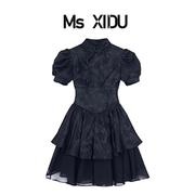 Ms XIDU 暗黑系提花绣花新中式旗袍盘扣连衣裙黑色蕾丝修身蓬蓬裙