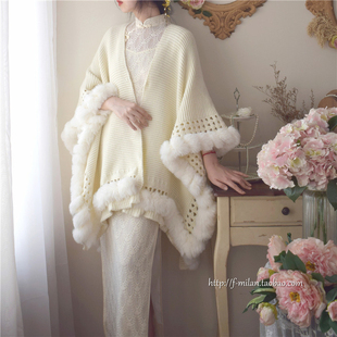 秋冬旗袍披肩外搭斗篷毛毛，针织厚款长款大尺寸，纯色新中式国风复古