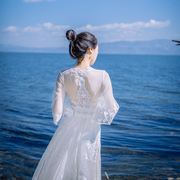 麦子家白色超仙蕾丝网纱连衣裙飘逸大摆绝美性感露背海边度假长裙