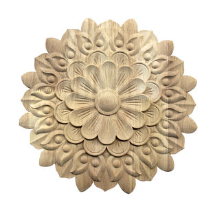 藏式装饰实木雕花贴花  东阳木雕圆形浮雕天然橡胶木花片
