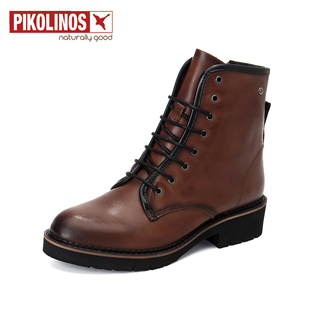 Pikolinos派高雁冬季牛皮纯色时尚系带中跟圆头粗跟短靴PA14607