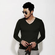 定制秋季韩版男士修身V领军绿色长袖T恤紧身纯棉打底衫鸡心领上衣
