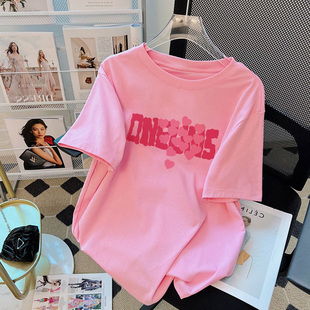 粉色纯棉短袖t恤女夏季2024欧货大码小衫中长款体恤半袖上衣