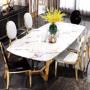北欧大理石餐桌椅组合小户型后现代轻奢家用不锈钢饭桌长方形组合