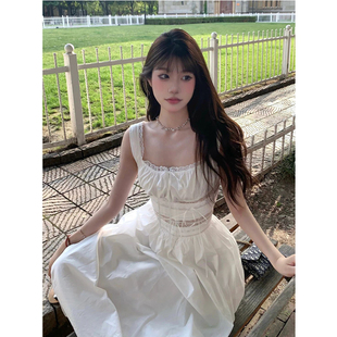 法式白色连衣裙女夏季清新初恋小白裙方领无袖高腰显瘦长款裙子
