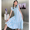 法式蓝白条纹荷叶边长裙女夏设计感小众韩版chic连衣裙